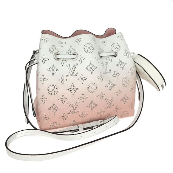 Bella Drawstring  Diagonal Monogram Mahina Perforated Pink White Silver Metal - Picture 1 of 11